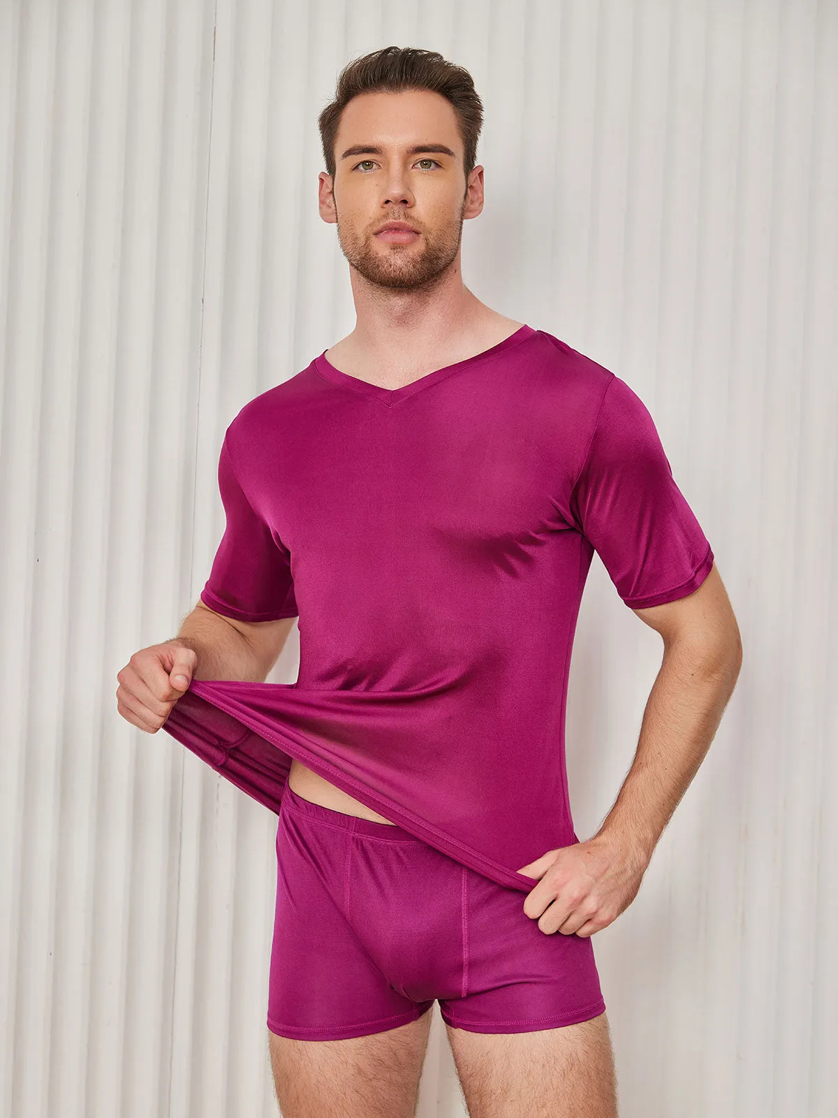 Heren Basic V-Neck Zijde Gebreid Tee