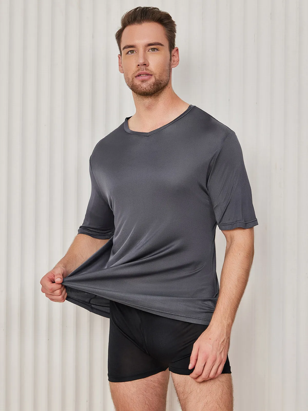 Heren Basic V-Neck Zijde Gebreid Tee