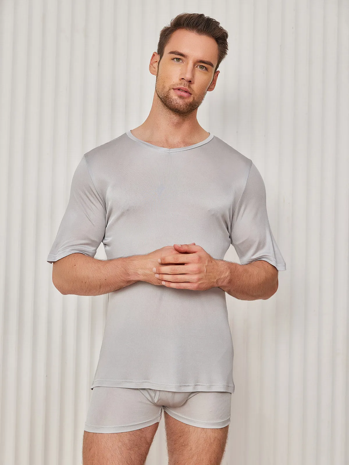 Heren Basic V-Neck Zijde Gebreid Tee