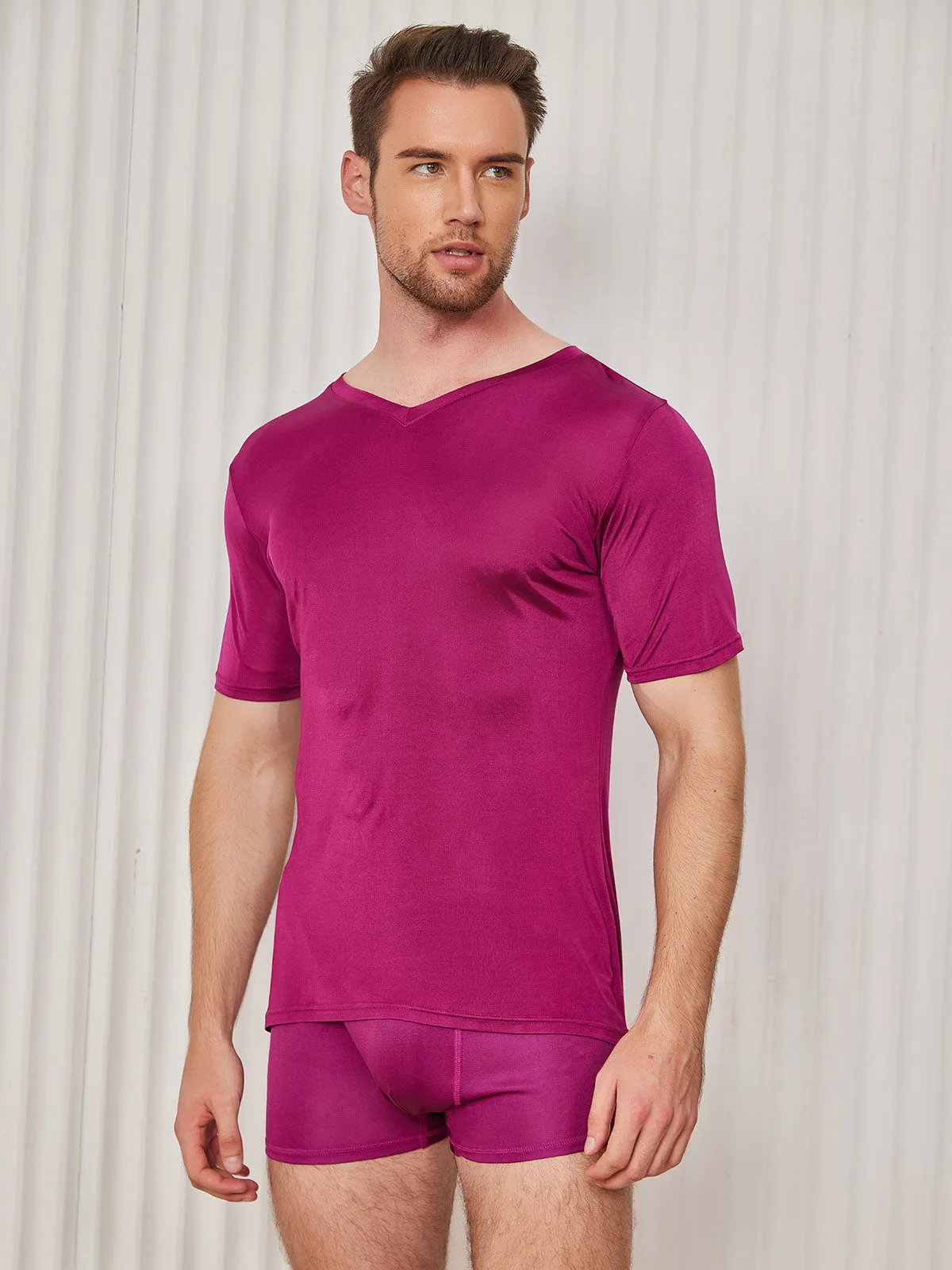 Heren Basic V-Neck Zijde Gebreid Tee