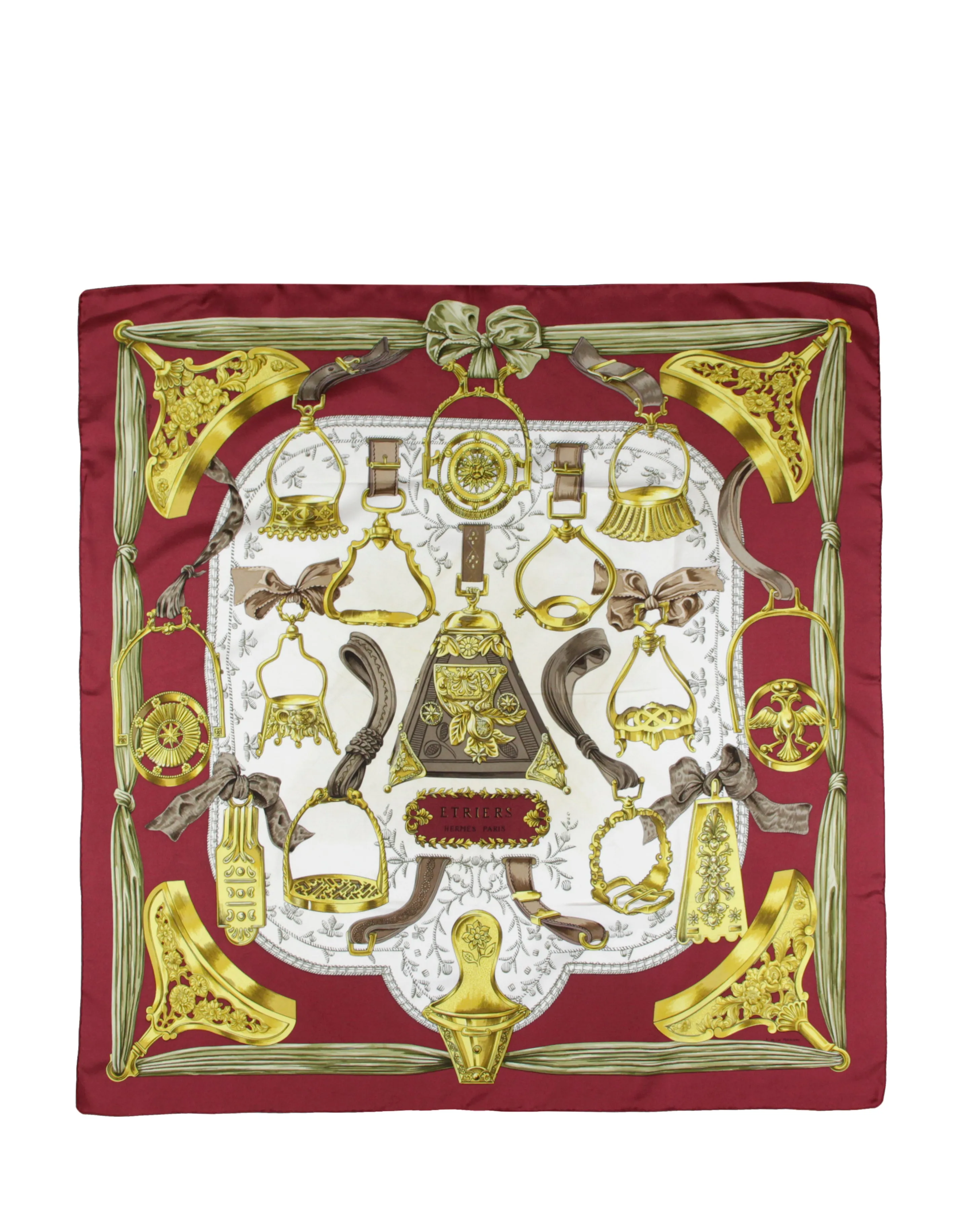 Hermes Burgundy Etriers 90cm Silk Scarf