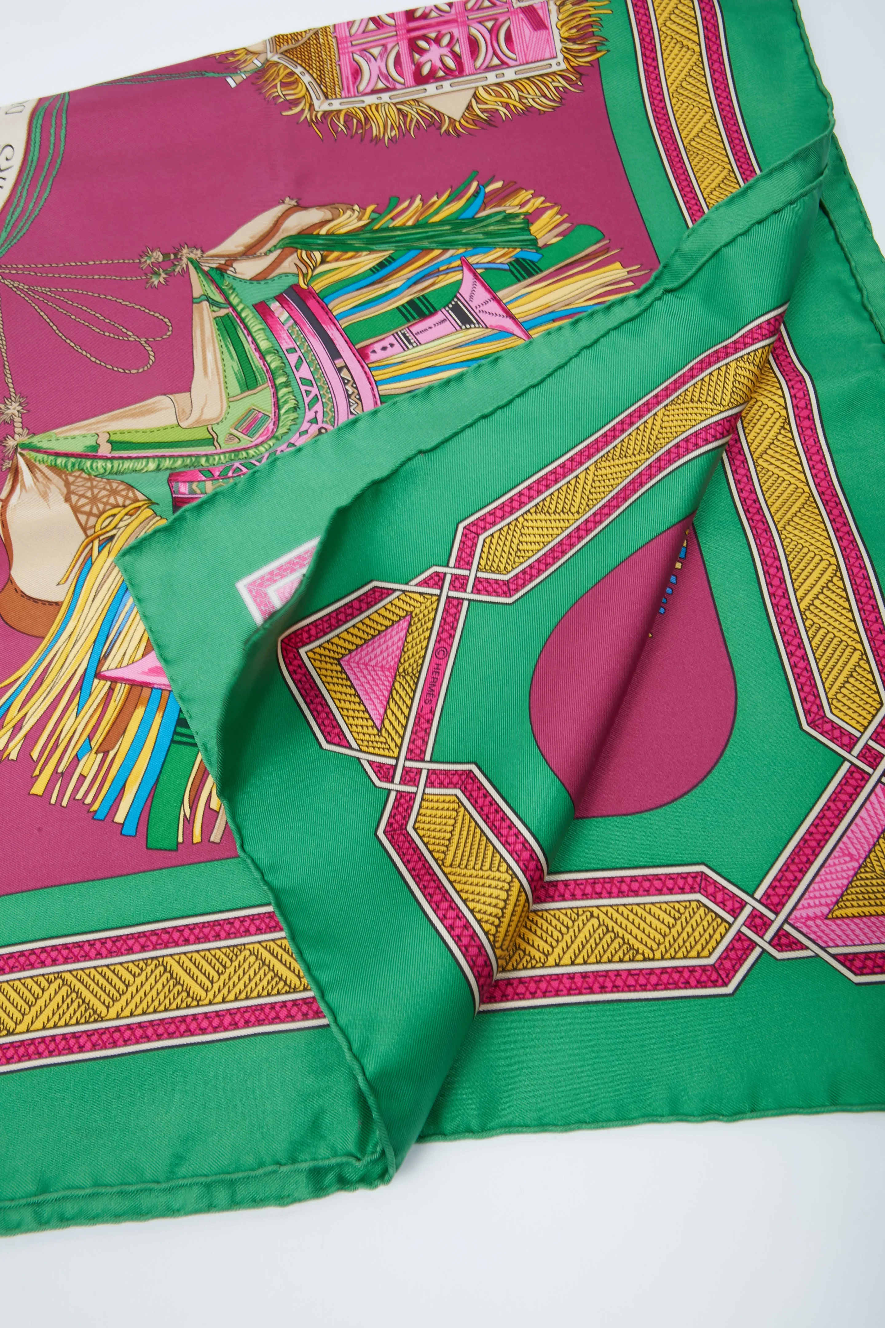 Hermes Green/Fuchsia/Yellow Cuirs Du Desert Print Silk Scarf 90