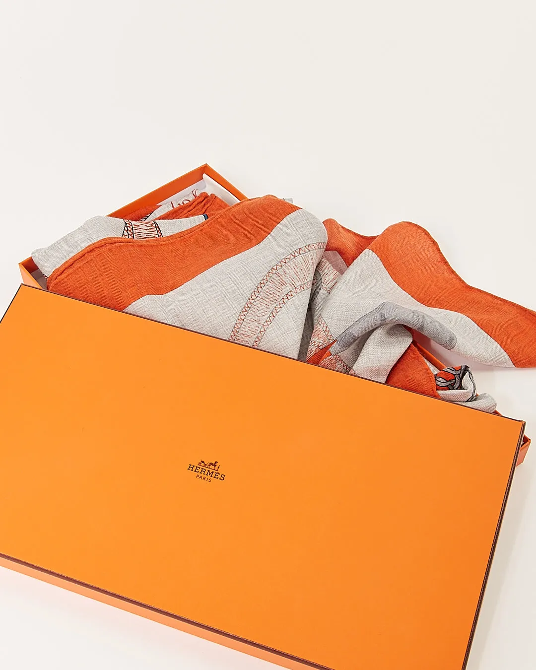 Hermes Orange/Grey/Blue Cashmere & Silk140 Eperon D'Or Shawl