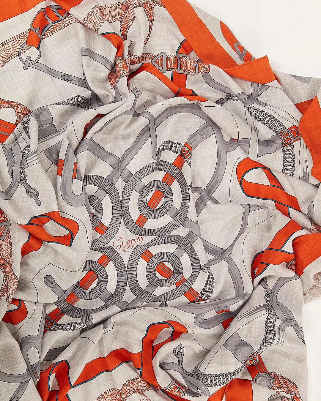 Hermes Orange/Grey/Blue Cashmere & Silk140 Eperon D'Or Shawl