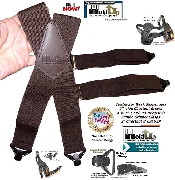 Holdup 2" Wide Contractor Suspenders with Patented Gripper Clasps