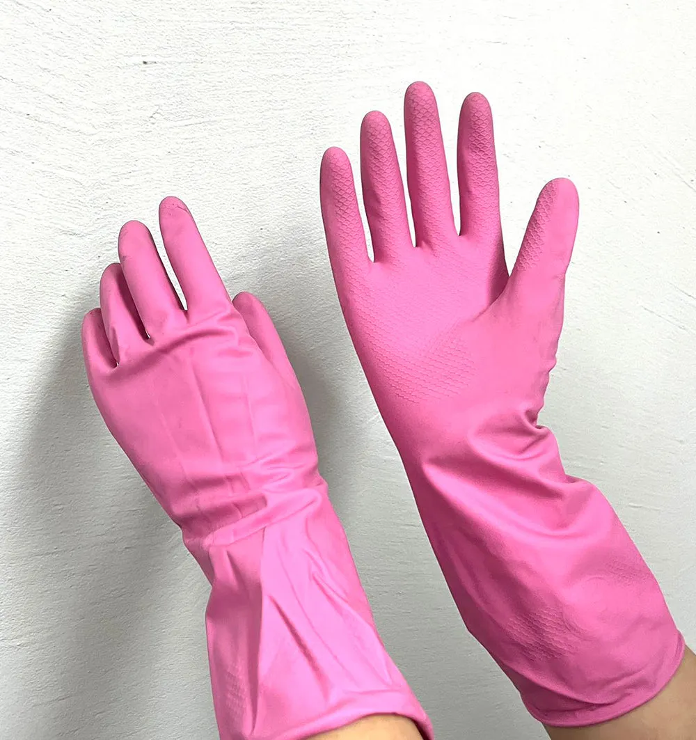 Household Latex Fleece-Lined Gloves - Pink, Size L, 1 Pair X3