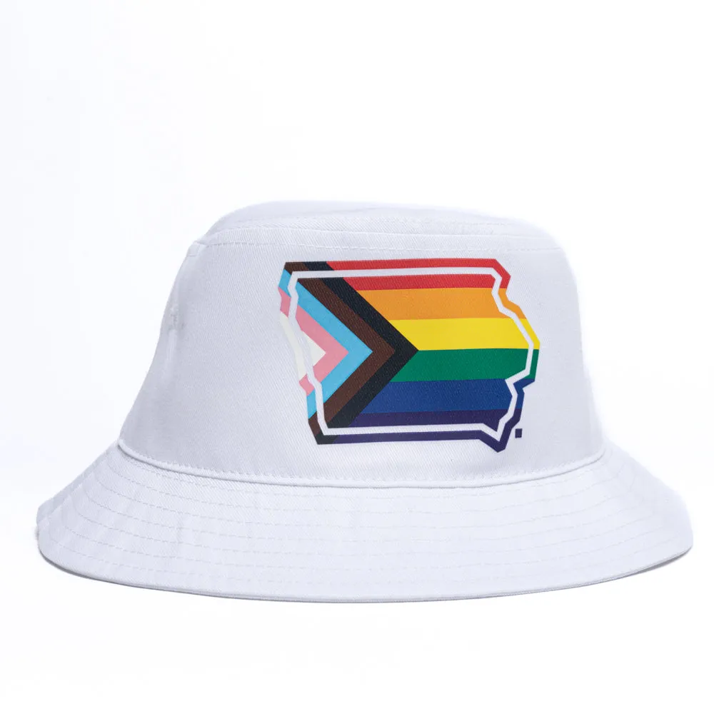 Iowa Outline Progress Pride Flag Bucket Hat