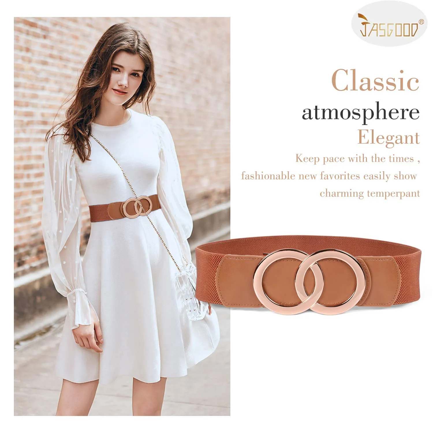 JASGOOD Women Stretchy Wide Waist Belts, Ladies Elastic Belt for Dresses Double Ring Buckle