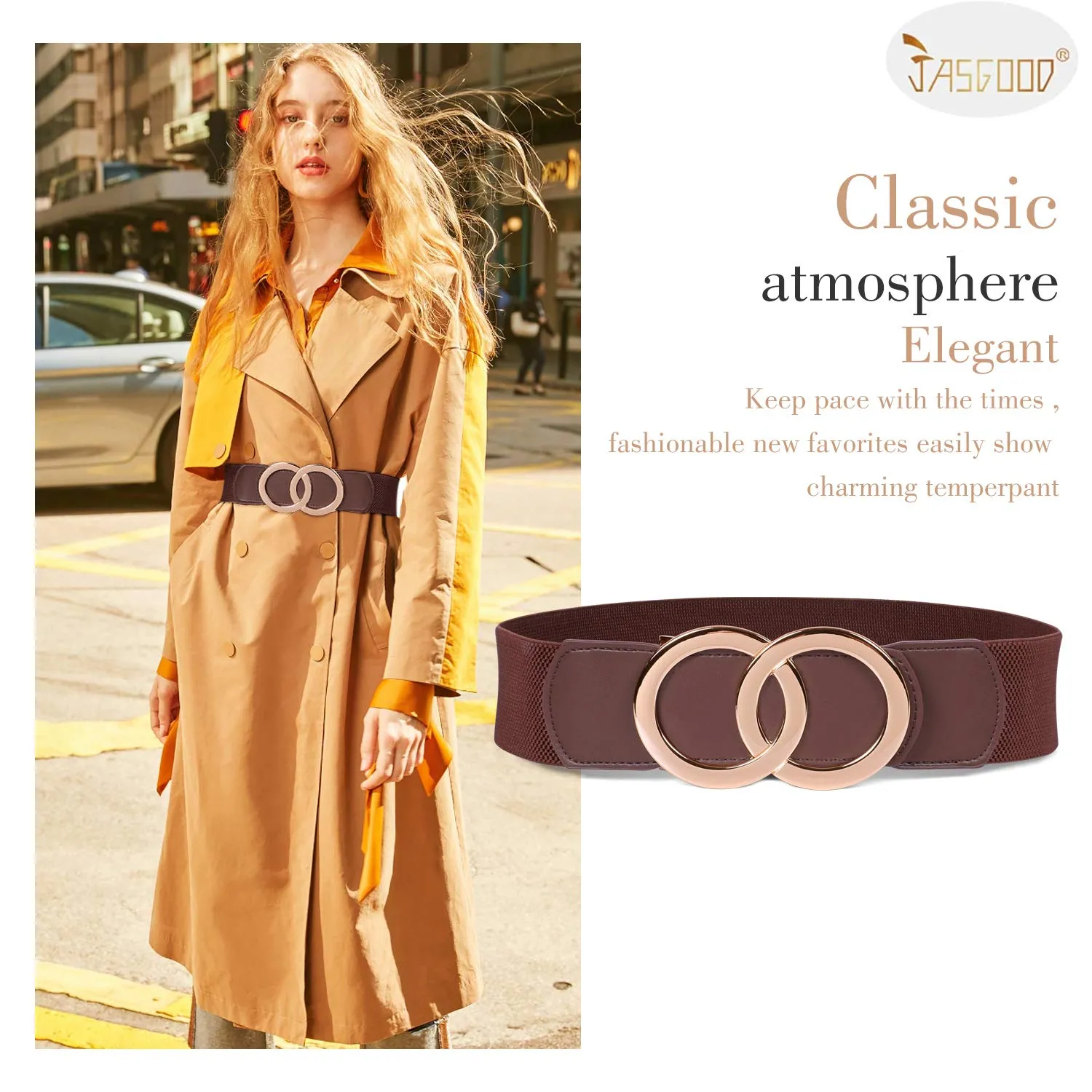JASGOOD Women Stretchy Wide Waist Belts, Ladies Elastic Belt for Dresses Double Ring Buckle