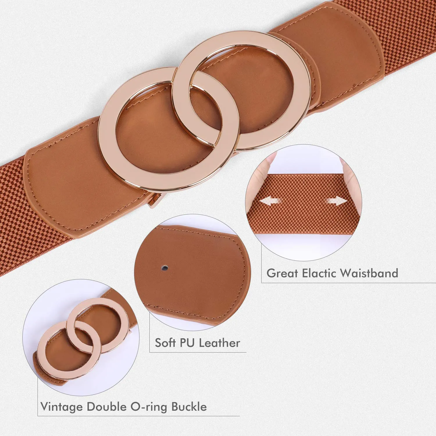JASGOOD Women Stretchy Wide Waist Belts, Ladies Elastic Belt for Dresses Double Ring Buckle