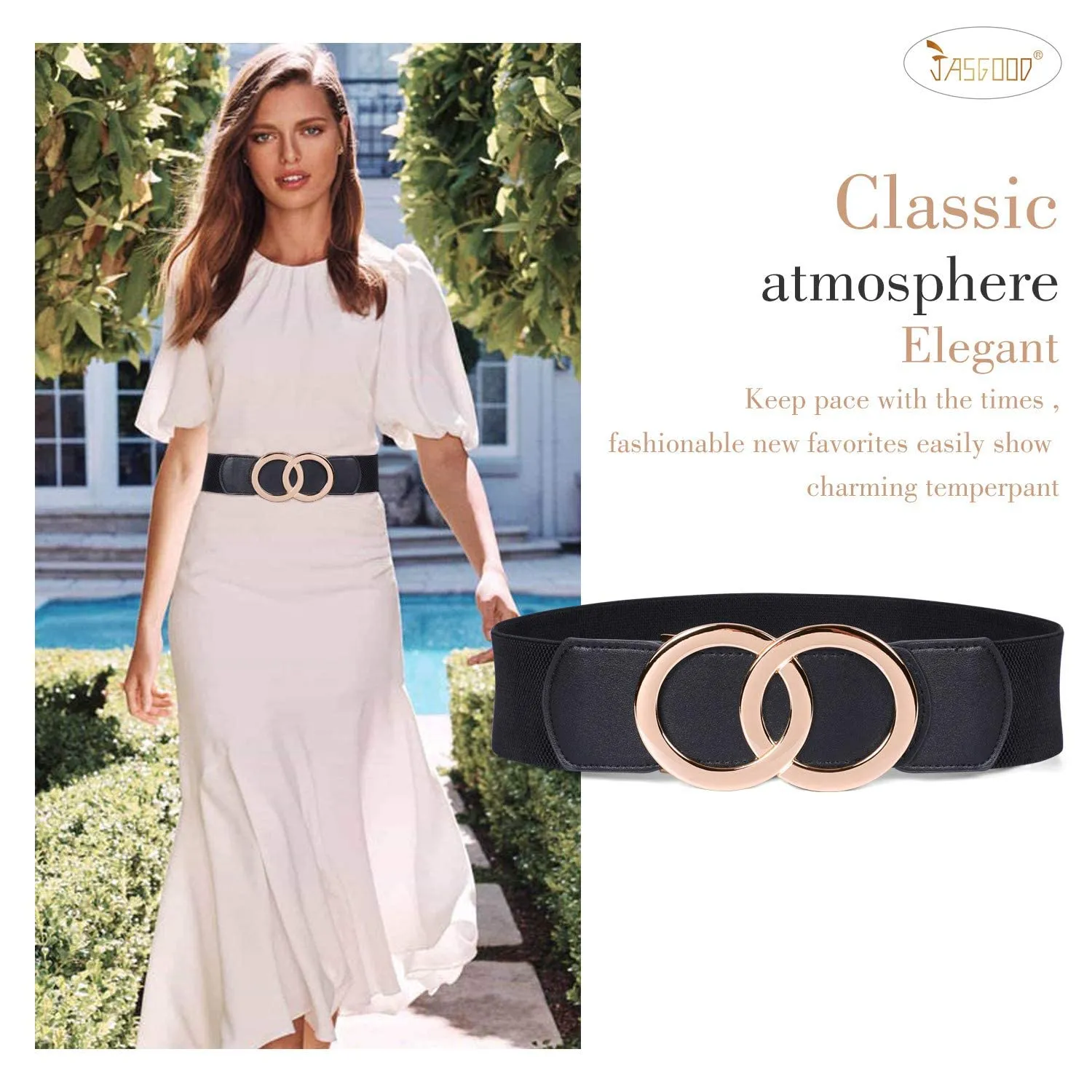 JASGOOD Women Stretchy Wide Waist Belts, Ladies Elastic Belt for Dresses Double Ring Buckle