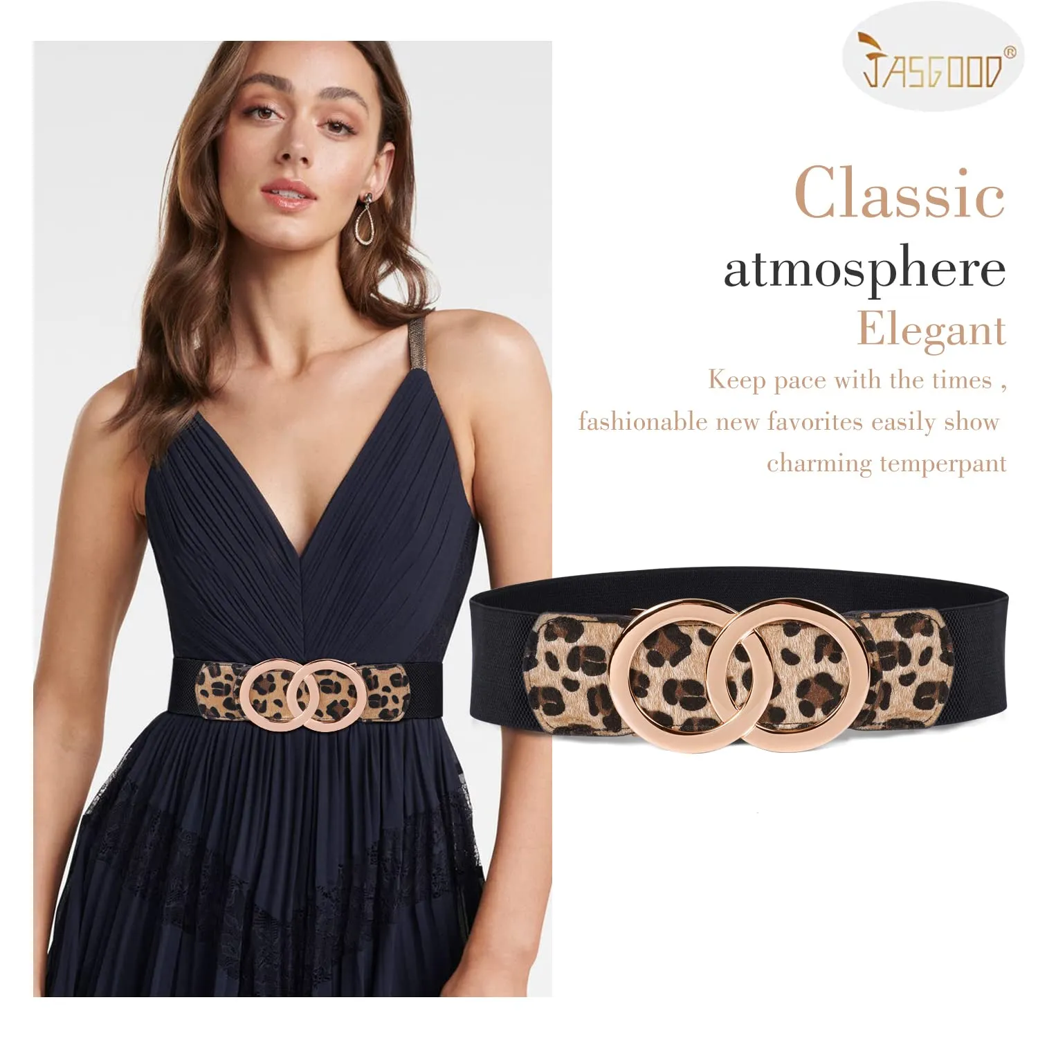 JASGOOD Women Stretchy Wide Waist Belts, Ladies Elastic Belt for Dresses Double Ring Buckle