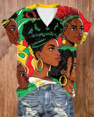 Juneteenth African American Women V-neck Short Sleeve Tshirt