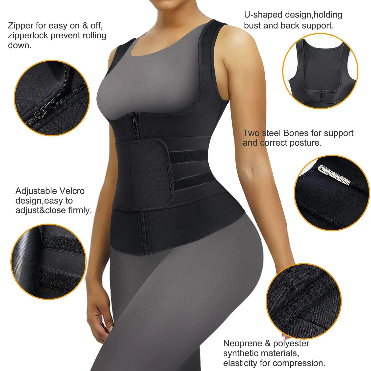 Junlan Women Zipper Sauna Vest  with Adjustable Velcro Belts
