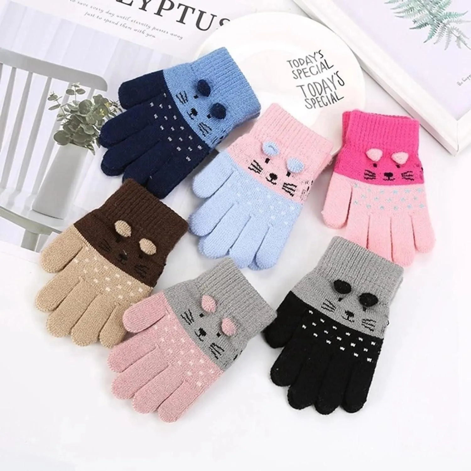 Kids Winter Gloves - Cute Cartoon Cat Gloves Winter Thick Knit Baby Kids Newborn Mittens Children Keep Finger Warm Gloves