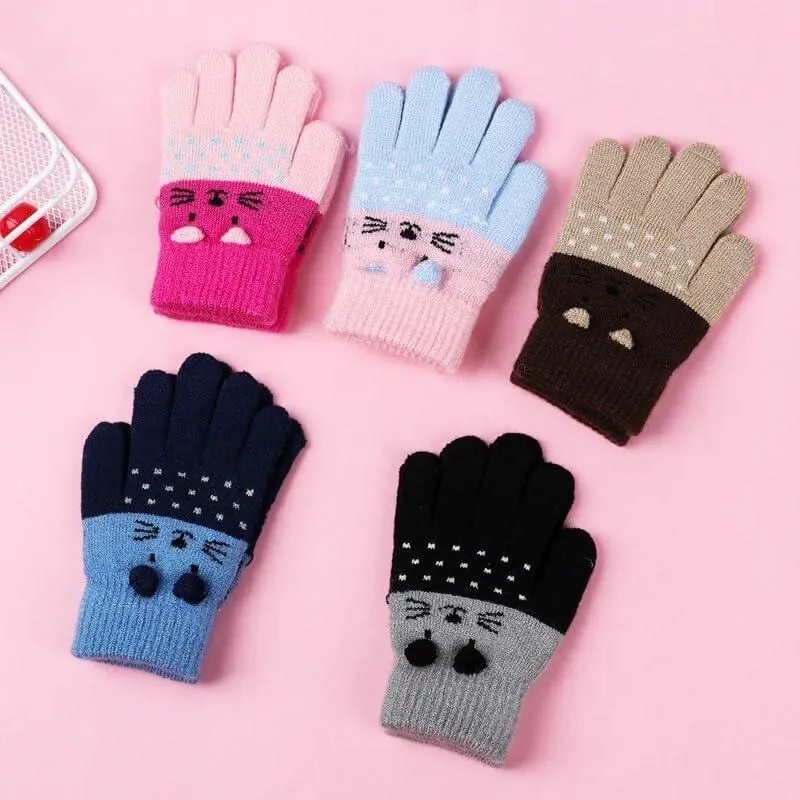 Kids Winter Gloves - Cute Cartoon Cat Gloves Winter Thick Knit Baby Kids Newborn Mittens Children Keep Finger Warm Gloves