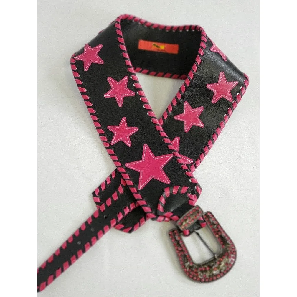 KurtMen Black with Pink Stars Wide Contoured Belt