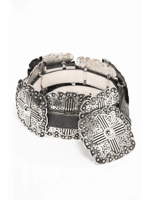 Ladies Black Leather Belt w/ Silver Square Conchos