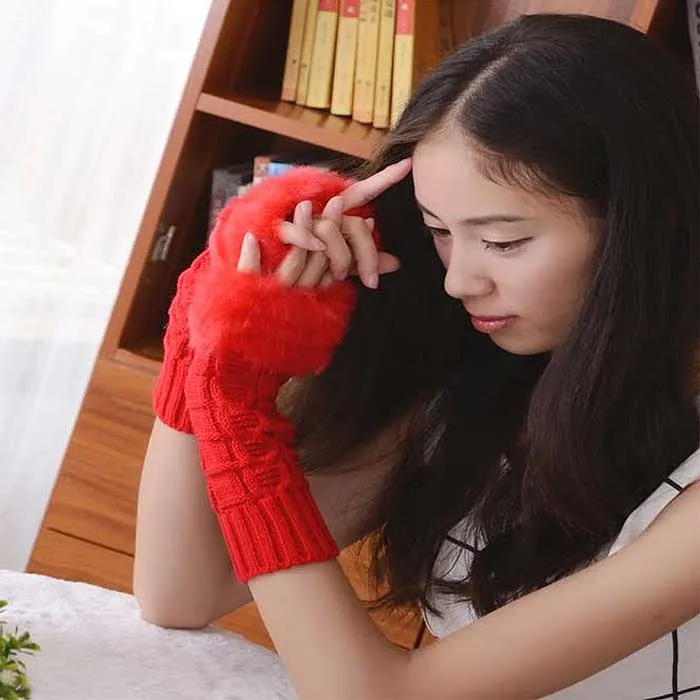 Ladies Fingerless Faux Fur Knitted Gloves - 3 Colors
