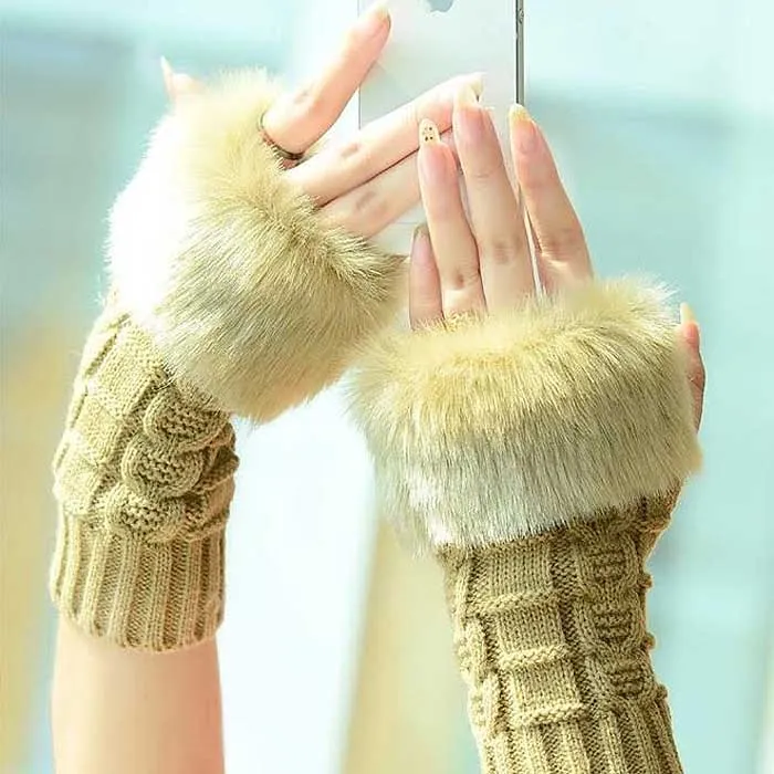 Ladies Fingerless Faux Fur Knitted Gloves - 3 Colors