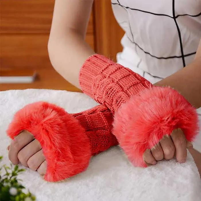 Ladies Fingerless Faux Fur Knitted Gloves - 3 Colors