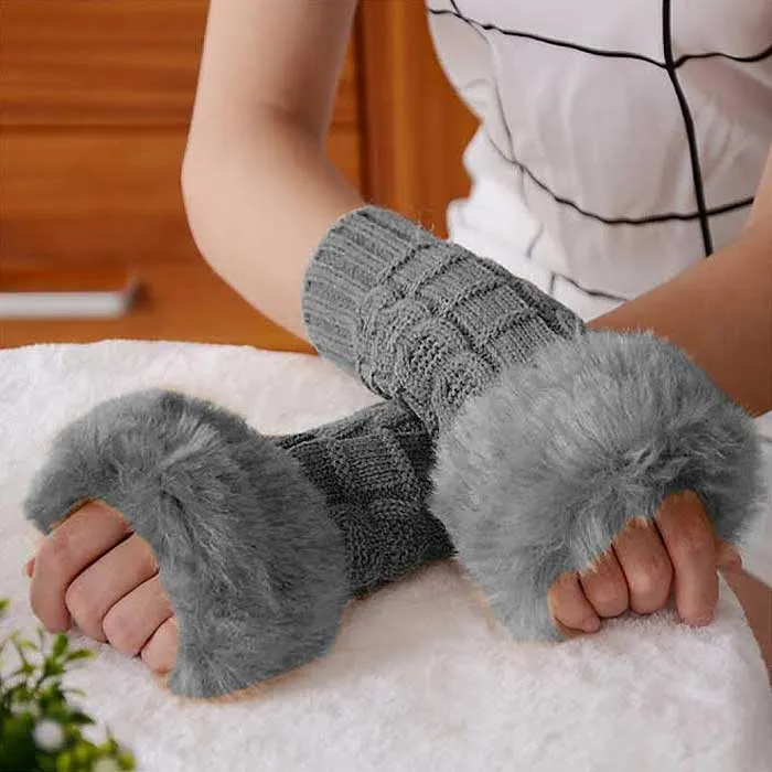 Ladies Fingerless Faux Fur Knitted Gloves - 3 Colors