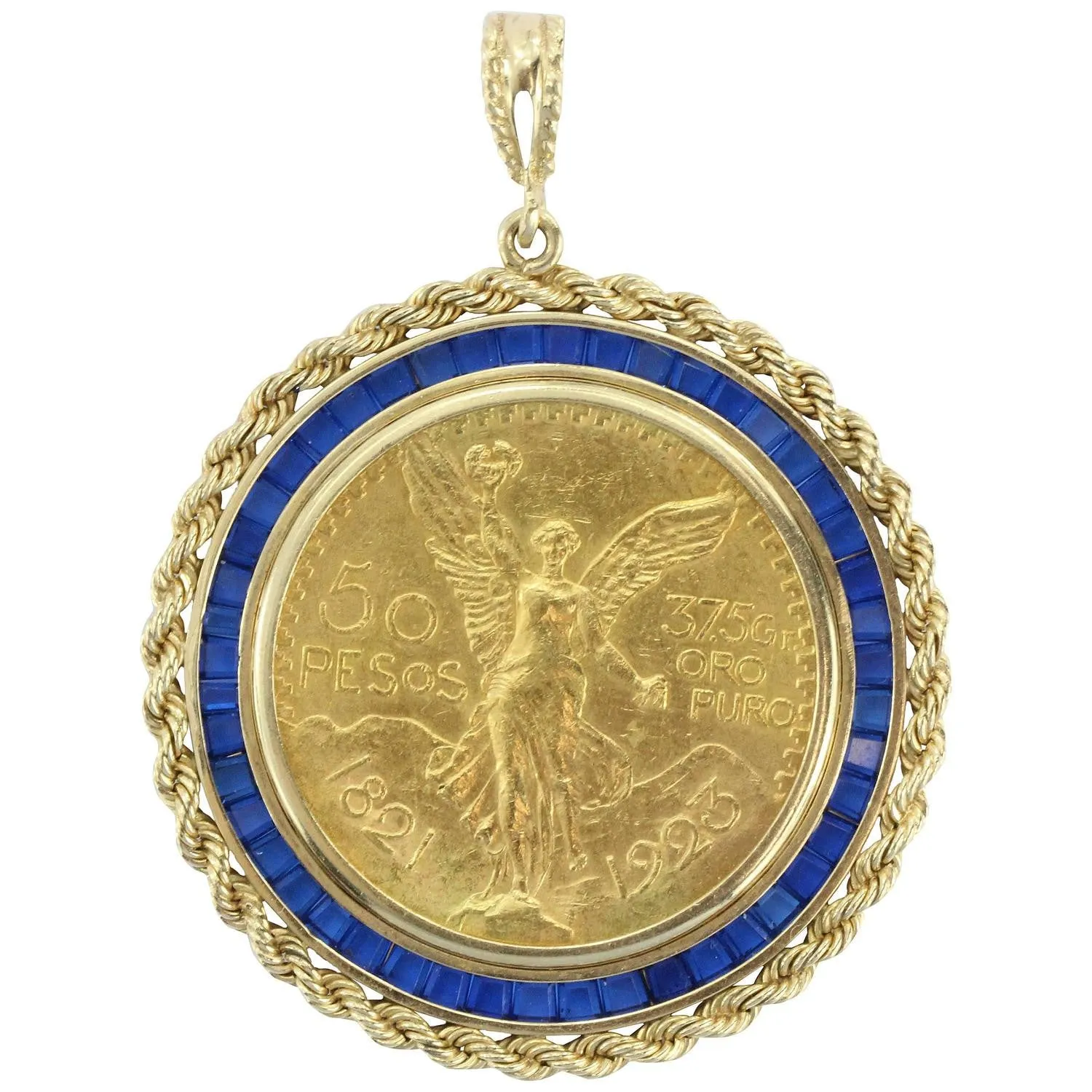 Large 1923 Gold Angel Coin Pendant set in 14K Gold & Sapphire Bezel