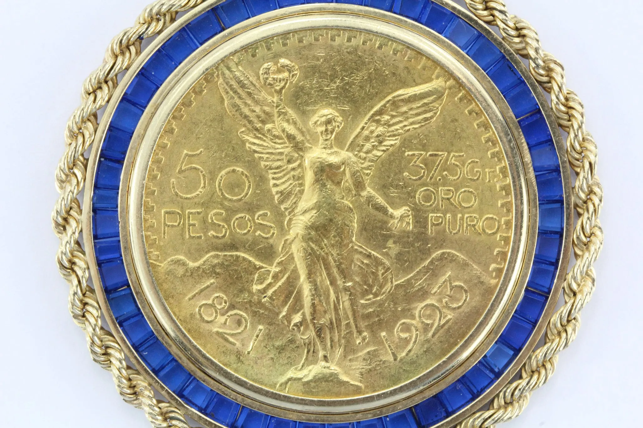 Large 1923 Gold Angel Coin Pendant set in 14K Gold & Sapphire Bezel
