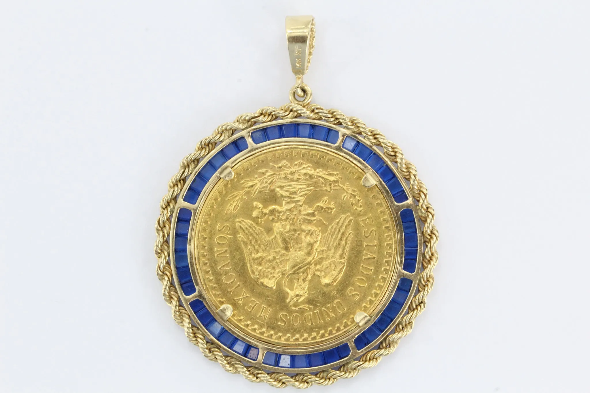 Large 1923 Gold Angel Coin Pendant set in 14K Gold & Sapphire Bezel