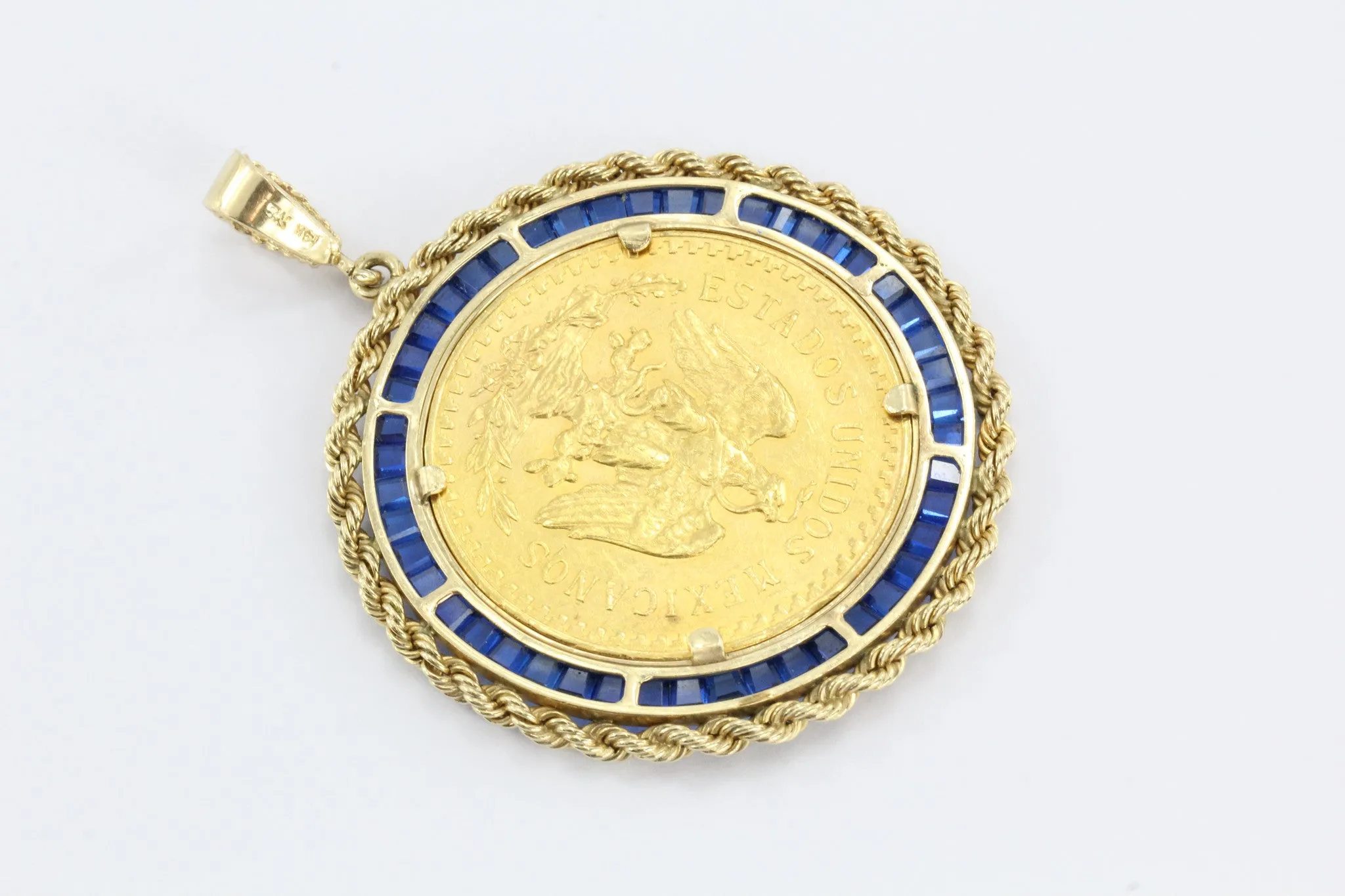 Large 1923 Gold Angel Coin Pendant set in 14K Gold & Sapphire Bezel