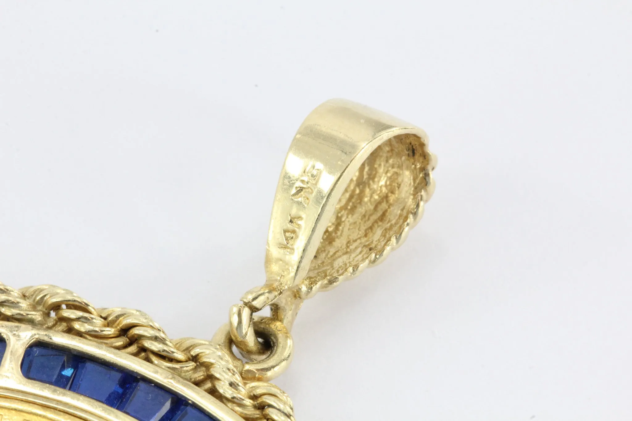 Large 1923 Gold Angel Coin Pendant set in 14K Gold & Sapphire Bezel