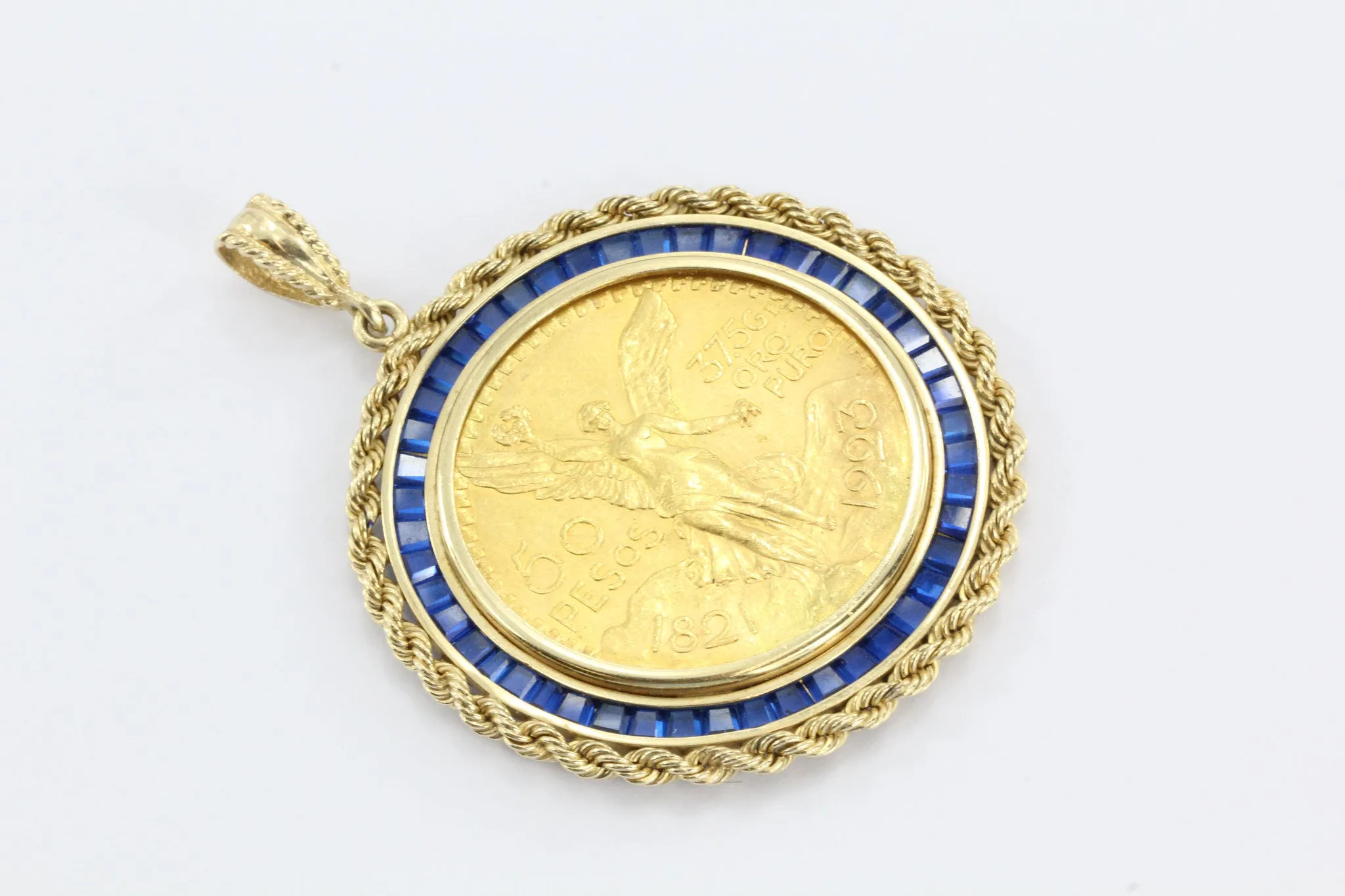 Large 1923 Gold Angel Coin Pendant set in 14K Gold & Sapphire Bezel