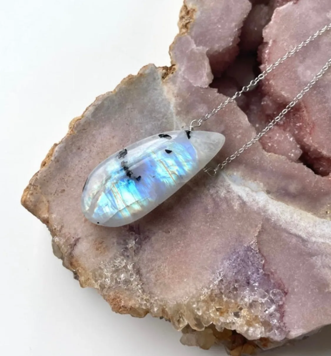 Large Moonstone Pendant Necklace Sterling Silver