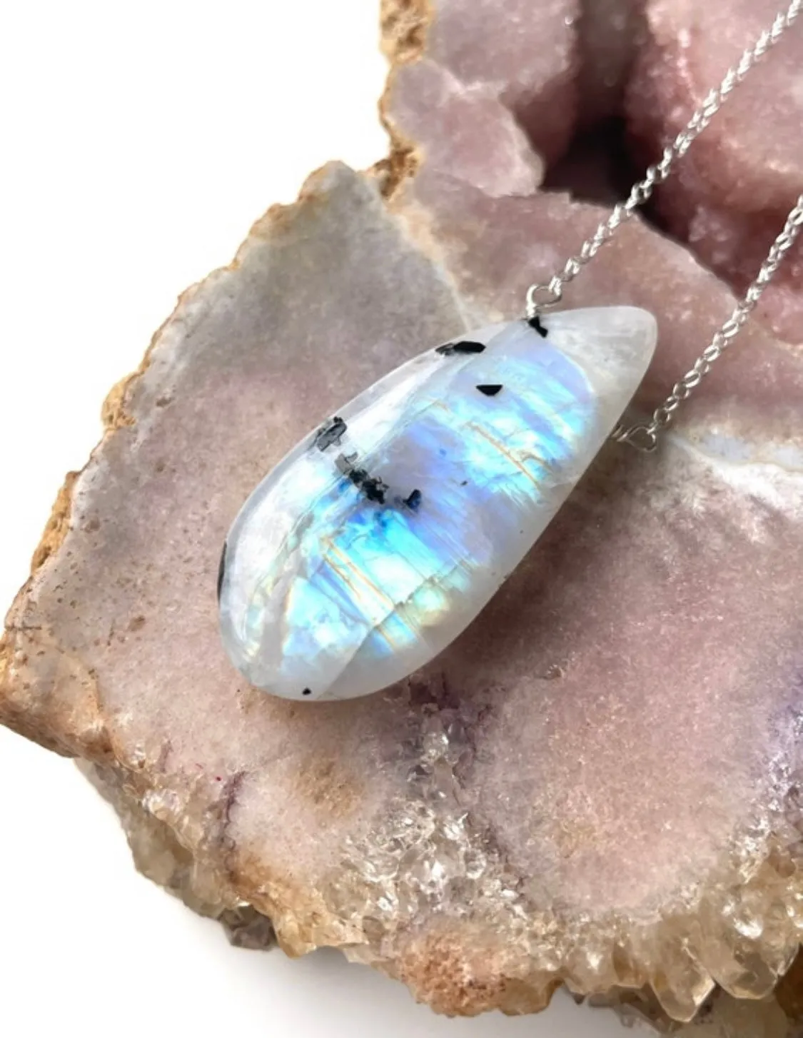 Large Moonstone Pendant Necklace Sterling Silver