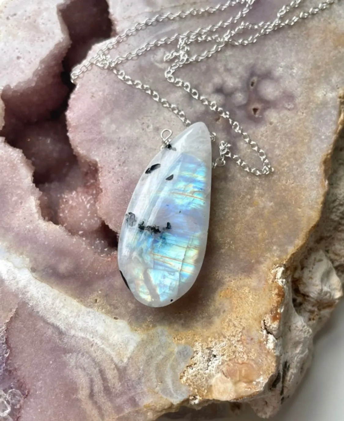 Large Moonstone Pendant Necklace Sterling Silver
