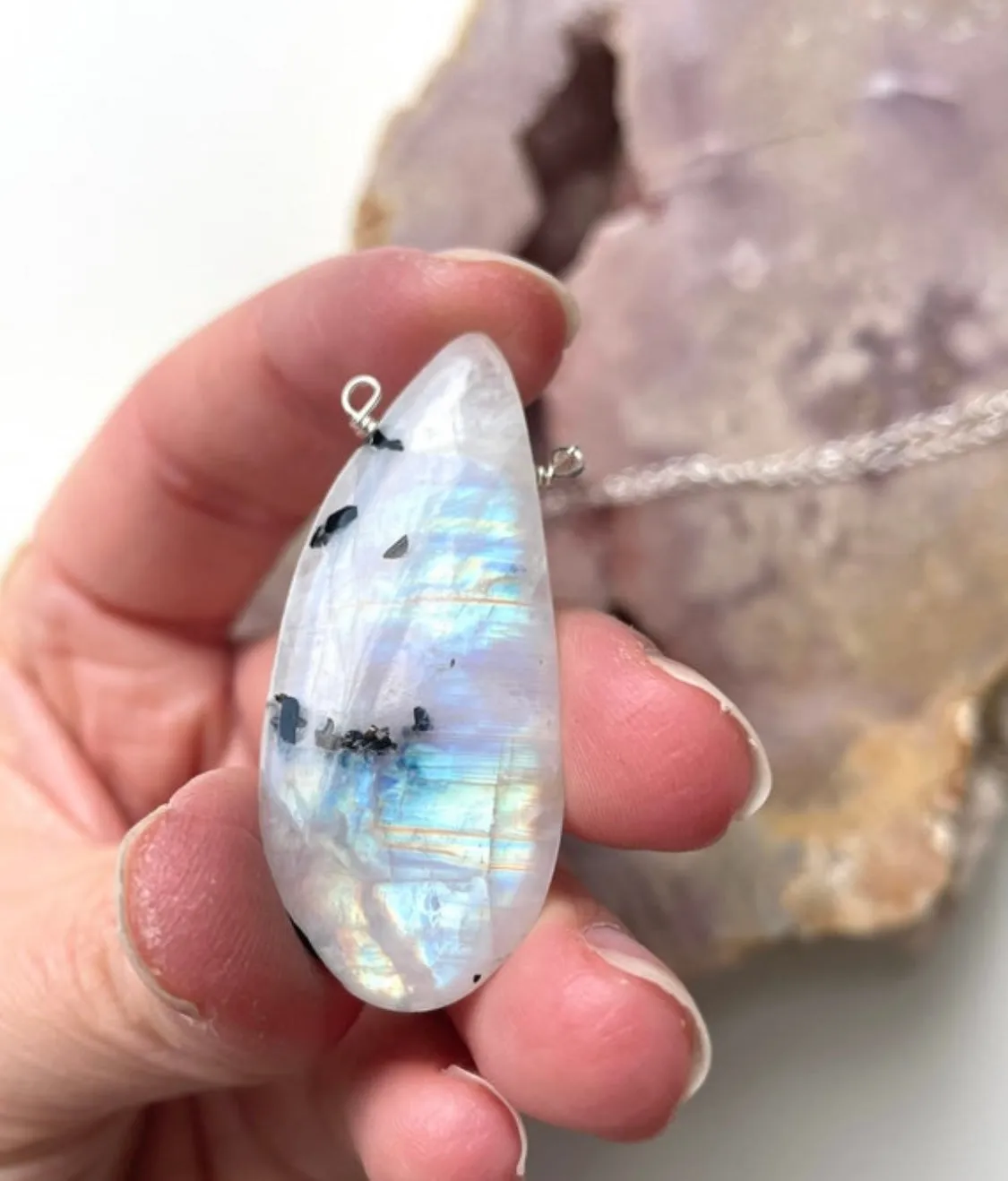 Large Moonstone Pendant Necklace Sterling Silver