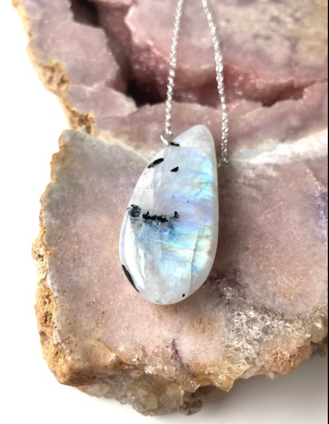 Large Moonstone Pendant Necklace Sterling Silver