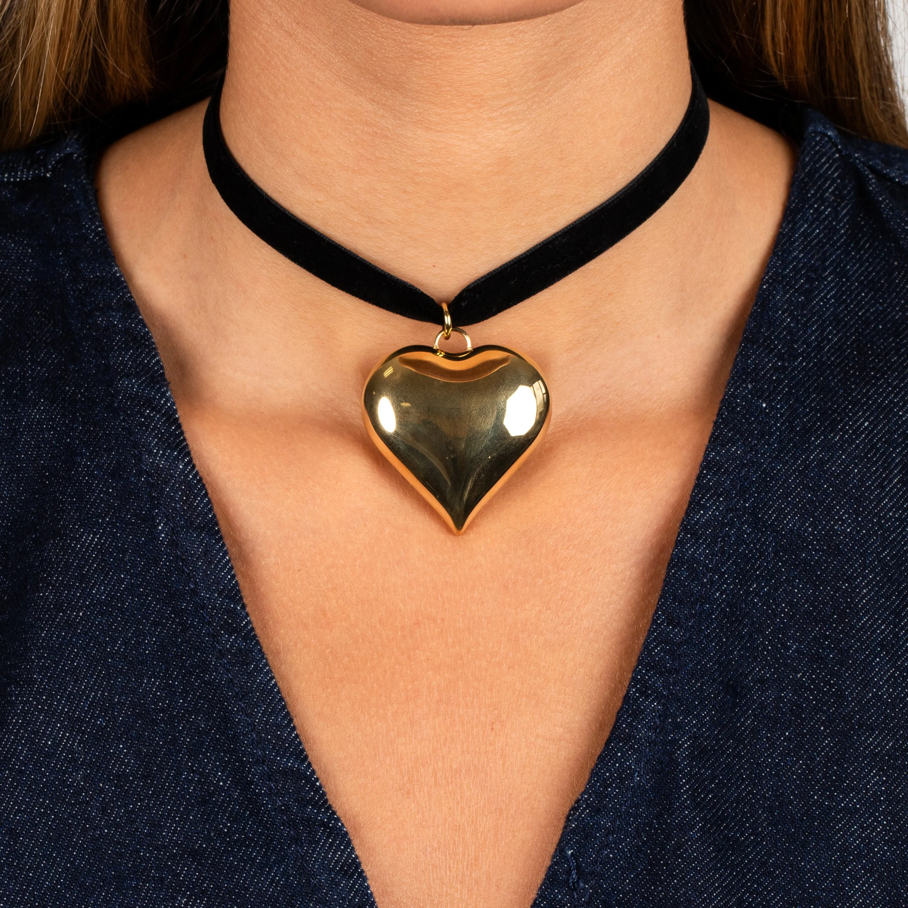 Large Puffy Chunky Heart Necklace Black Velvet Choker