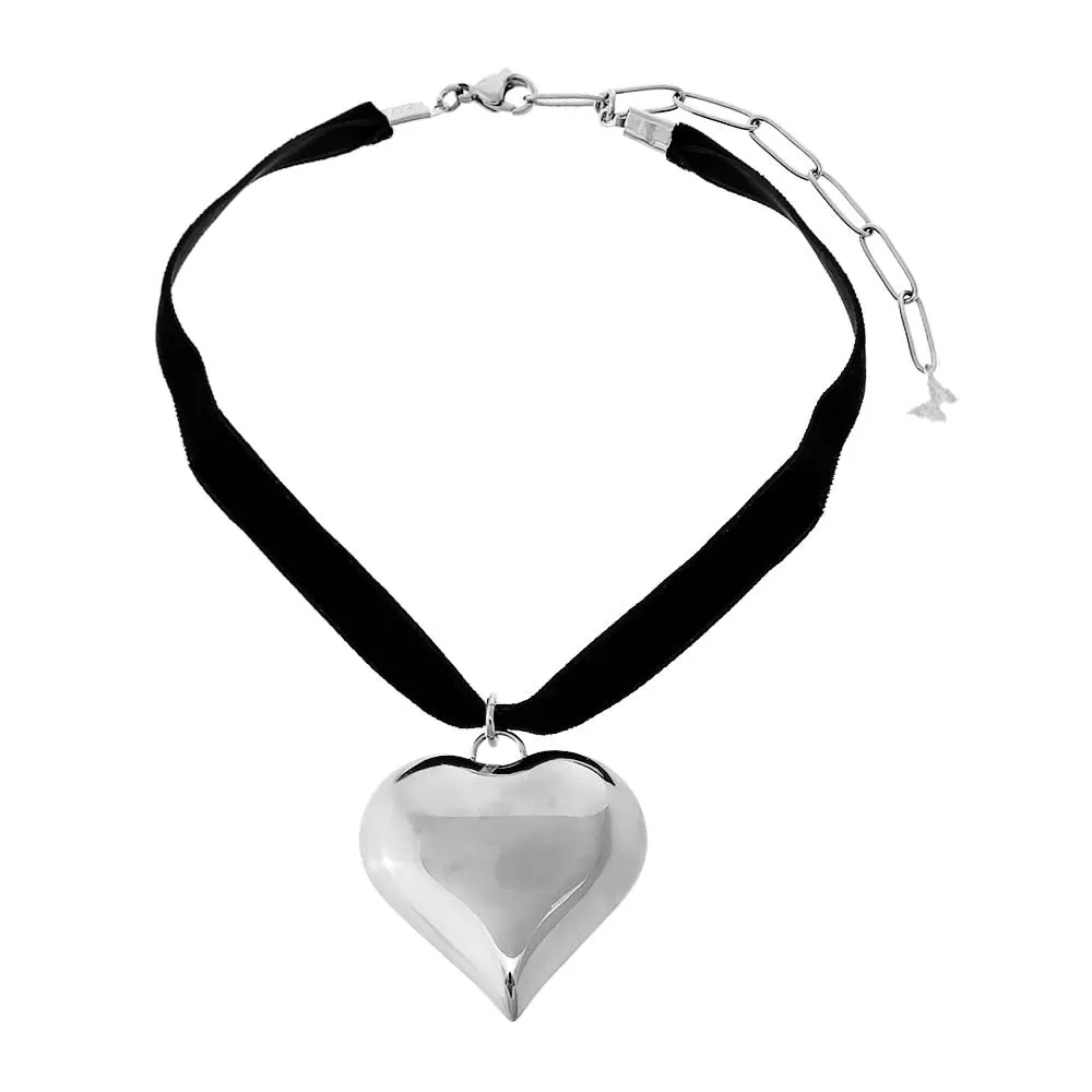 Large Puffy Chunky Heart Necklace Black Velvet Choker