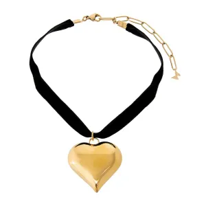 Large Puffy Chunky Heart Necklace Black Velvet Choker