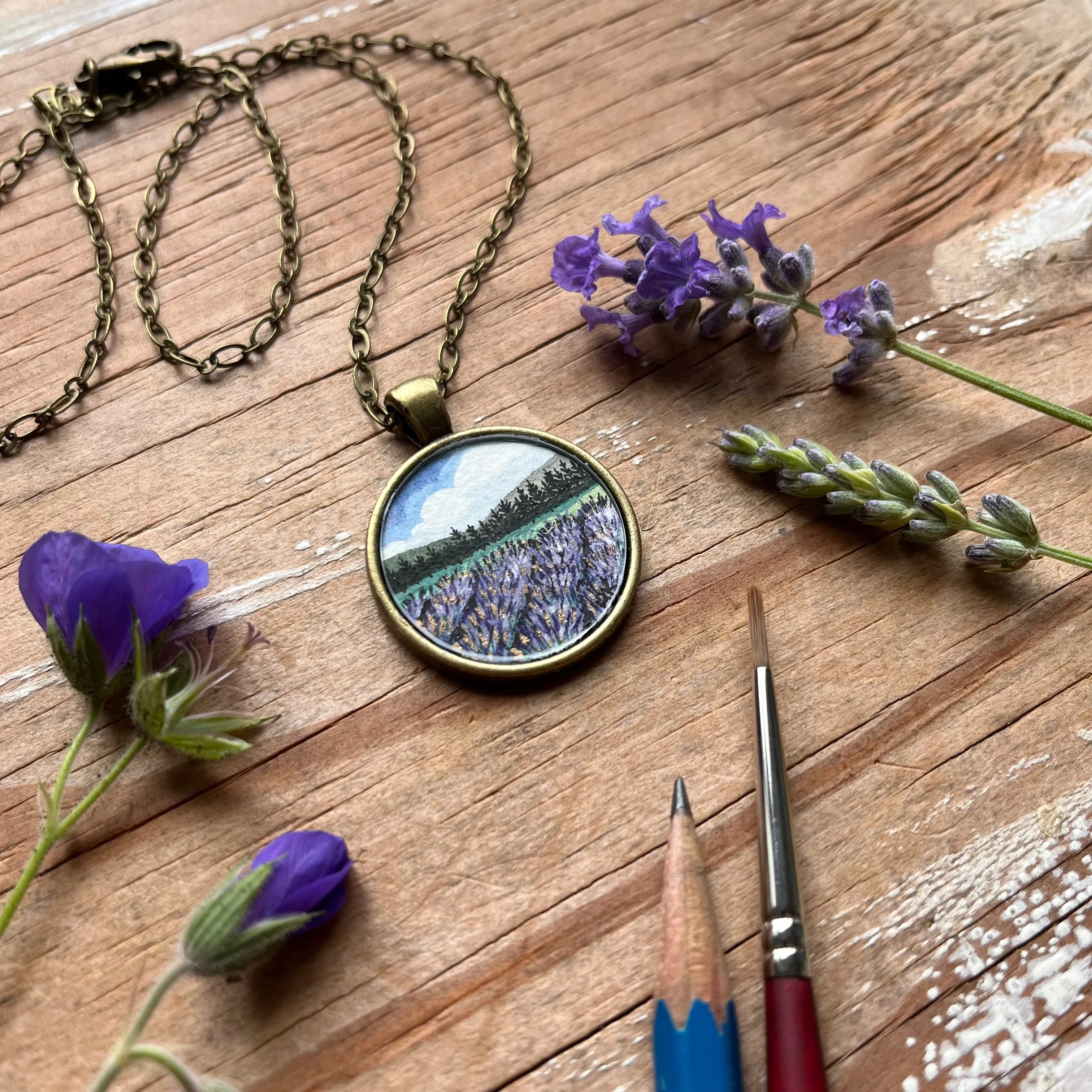 Lavender Field Landscape Art with Trees, Hand Painted Necklace, Original Watercolor Painting