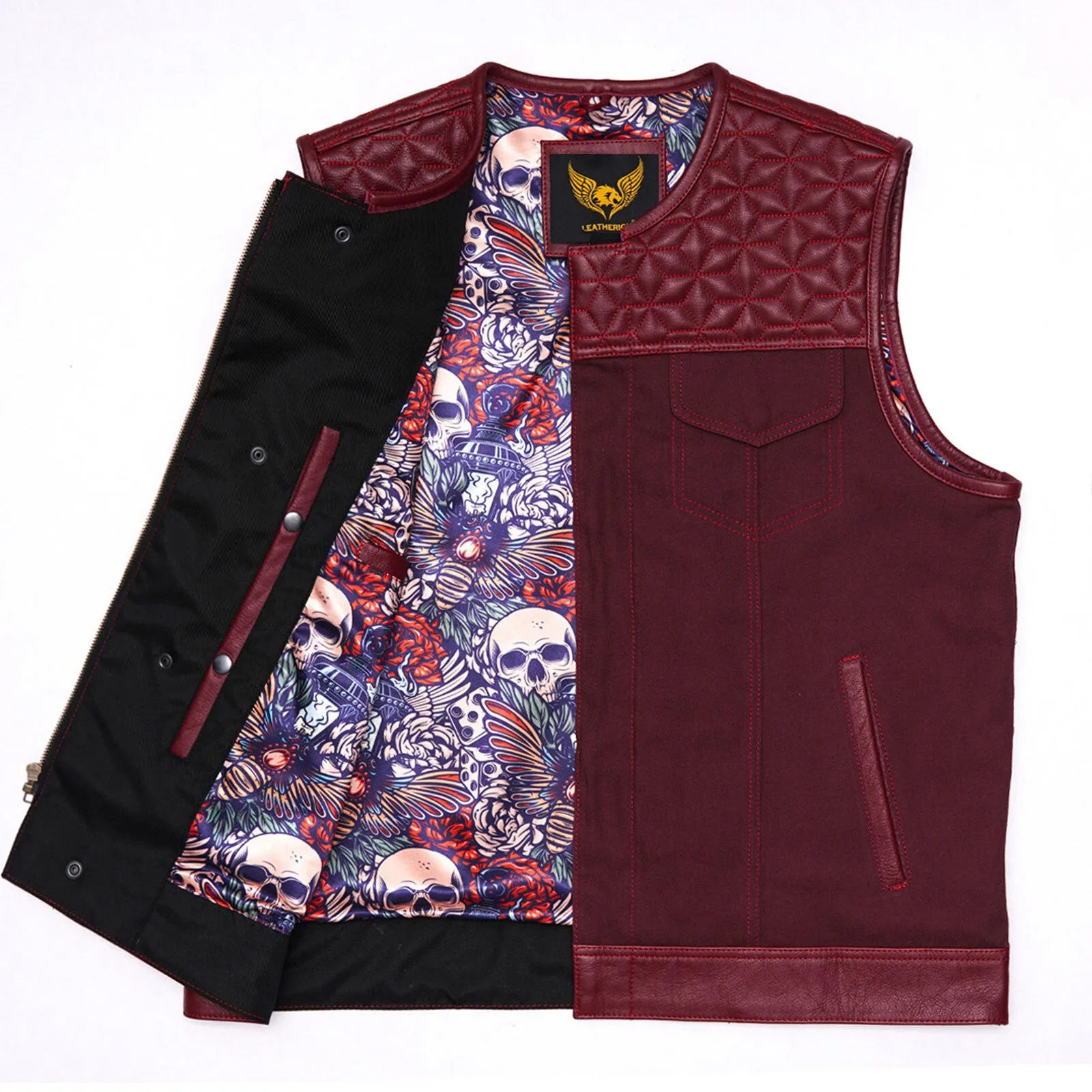 Leatherick Custom Hexa-diamond stitch collarless biker vest