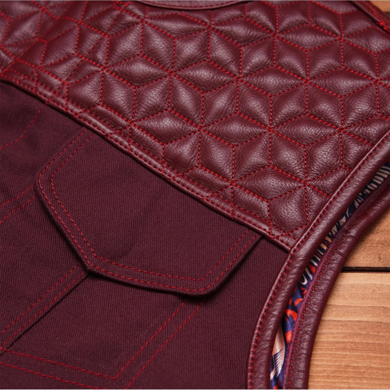 Leatherick Custom Hexa-diamond stitch collarless biker vest