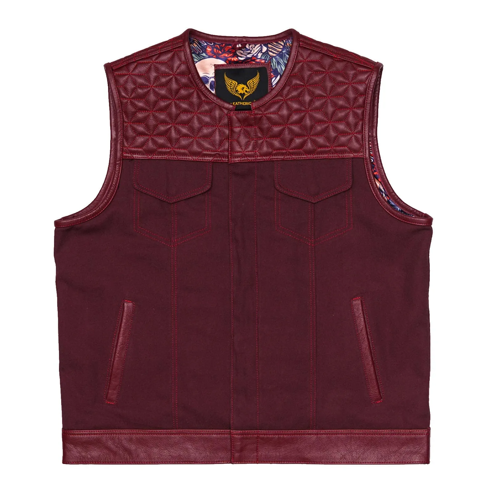 Leatherick Custom Hexa-diamond stitch collarless biker vest