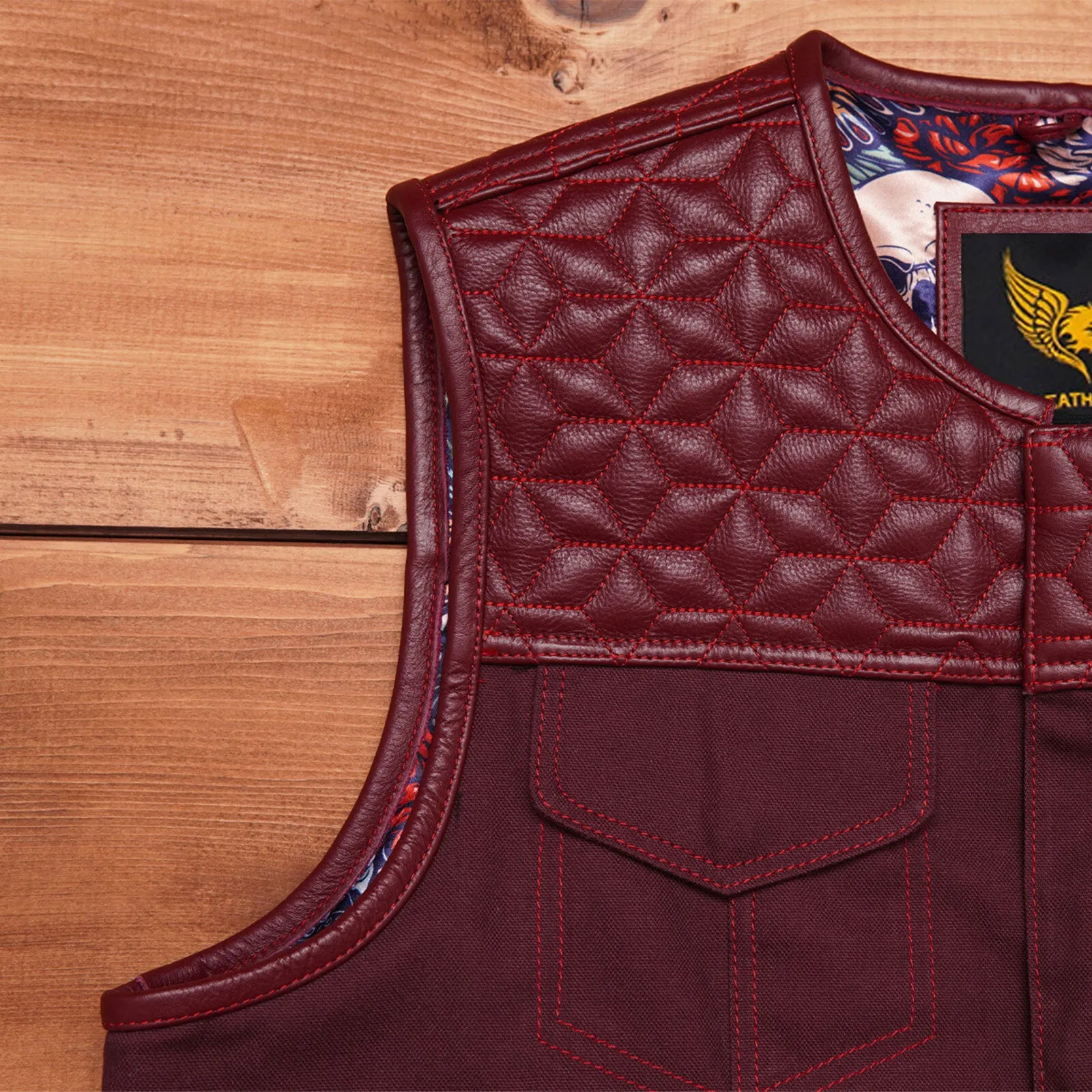 Leatherick Custom Hexa-diamond stitch collarless biker vest