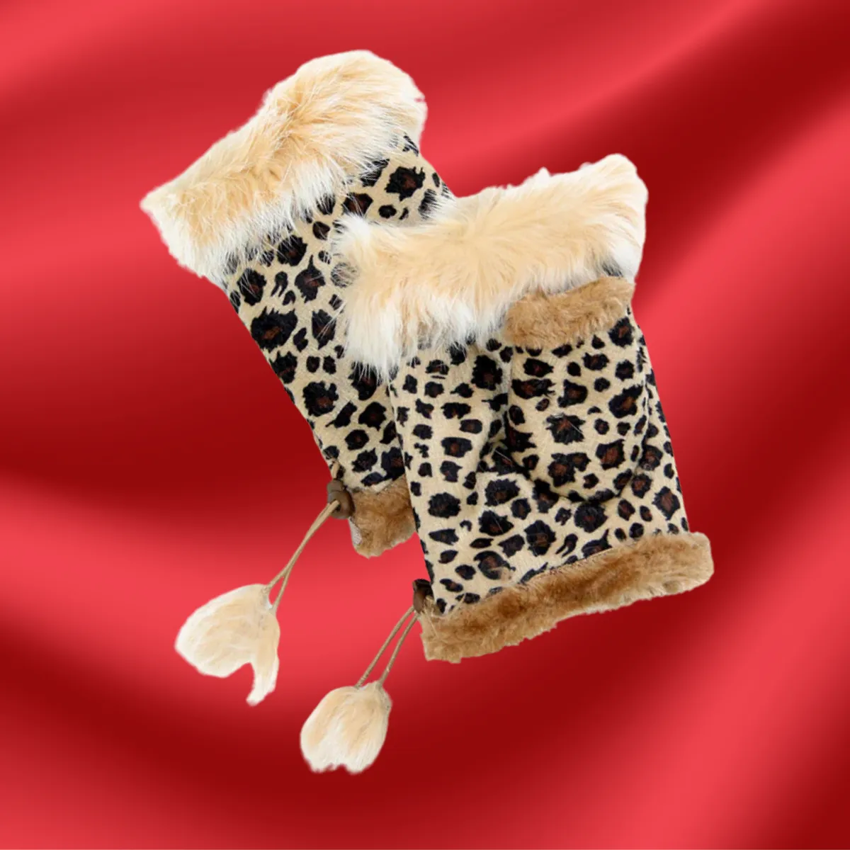 Leopard and Beige Faux Fur Trimmed Fingerless Knit Gloves