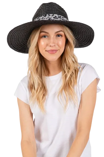 Leopard Band Straw Sun Hat Black - Pack of 6
