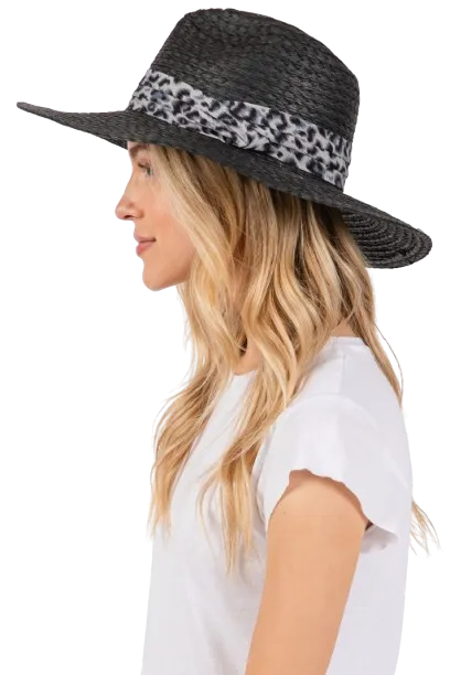 Leopard Band Straw Sun Hat Black - Pack of 6