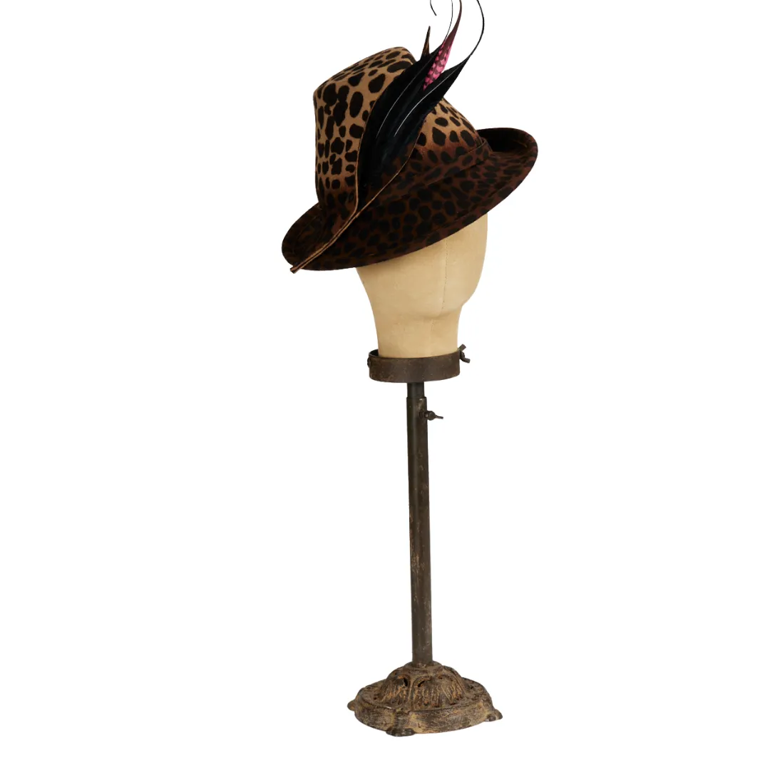 Leopard Print Medium Up-Turn Brim with Feather Trim
