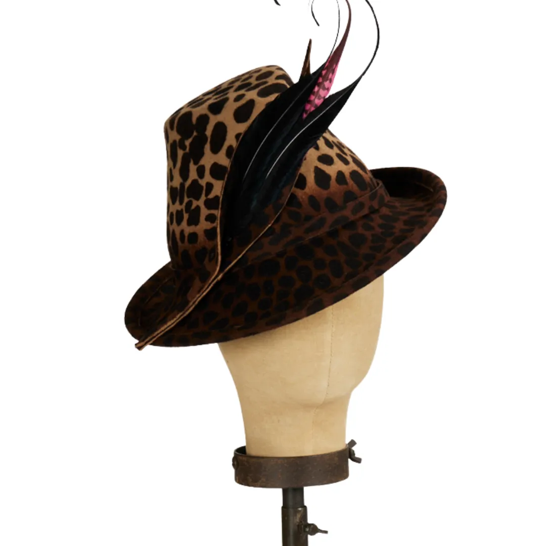 Leopard Print Medium Up-Turn Brim with Feather Trim